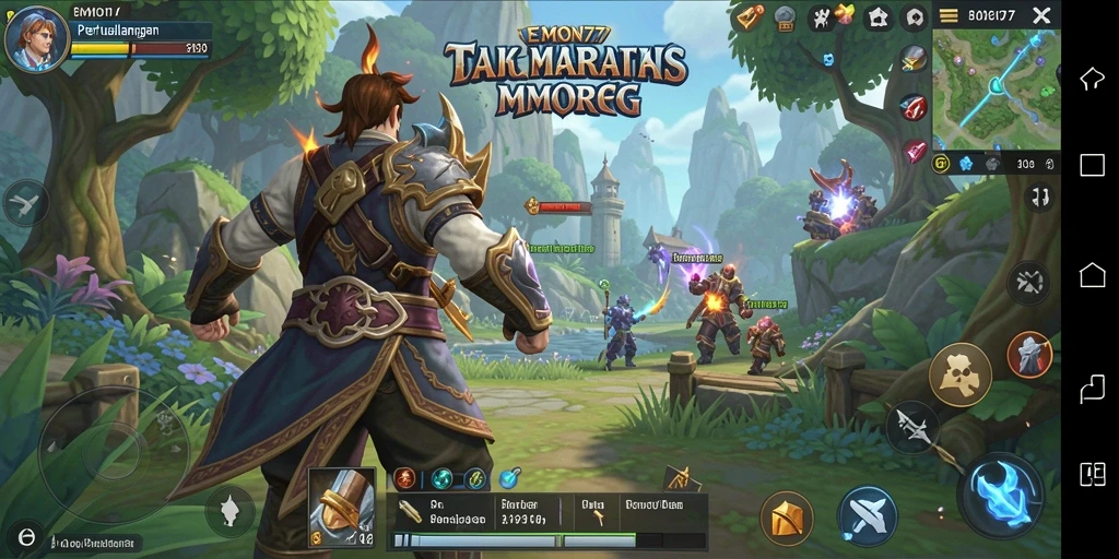 Screenshot utama EMON77 menampilkan aksi seru dalam gameplay MMORPG.