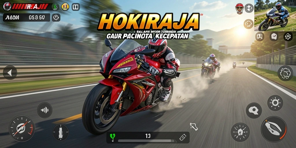 Tampilan gameplay HOKIRAJA yang mendebarkan di lintasan balap motor.